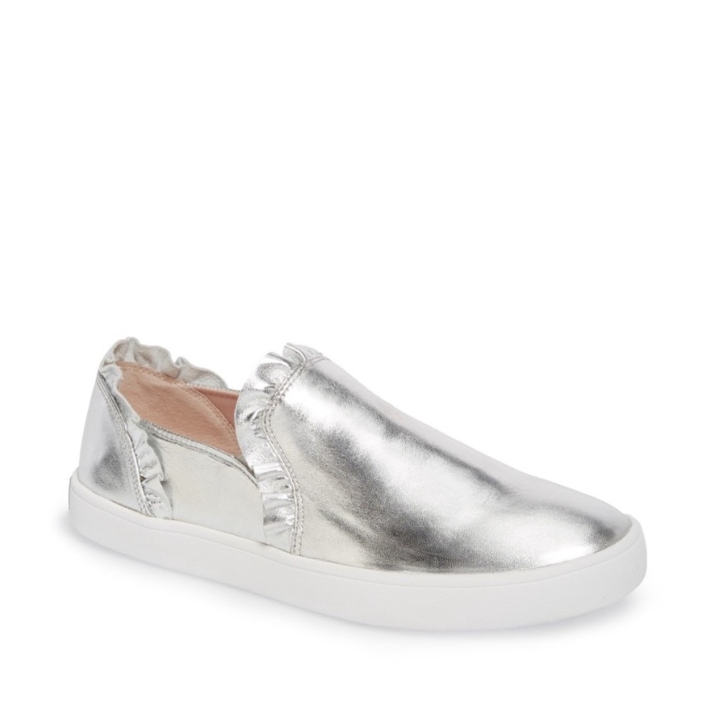 Kate Spade Silver Lilly Ruffle-trim Leather Slip-on Sneakers